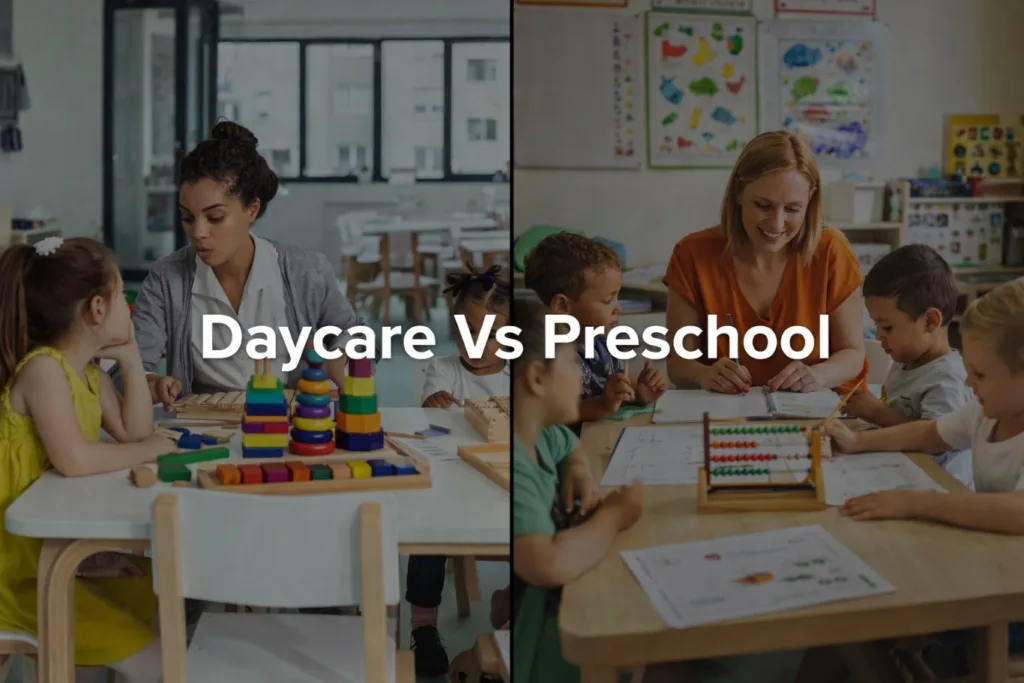 Side-by-side comparison showing children engaged in play-based activities and structured learning, illustrating the differences between daycare vs preschool in a supportive classroom environment.