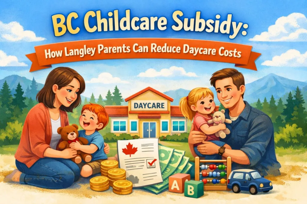 A warm, illustrative-style featured image showing a diverse family of four—a mother, father, and two young children—smiling together in a sunny outdoor setting with mountains in the background. In the center, there is a small "Daycare" building, accompanied by symbols of financial support including stacks of gold coins, Canadian government paperwork with a maple leaf, and paper currency. The image prominently features the text "BC Childcare Subsidy: How Langley Parents Can Reduce Daycare Costs" in a friendly, bold font, making it an ideal visual for explaining the BC childcare subsidy to local families.