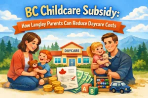 A warm, illustrative-style featured image showing a diverse family of four—a mother, father, and two young children—smiling together in a sunny outdoor setting with mountains in the background. In the center, there is a small "Daycare" building, accompanied by symbols of financial support including stacks of gold coins, Canadian government paperwork with a maple leaf, and paper currency. The image prominently features the text "BC Childcare Subsidy: How Langley Parents Can Reduce Daycare Costs" in a friendly, bold font, making it an ideal visual for explaining the BC childcare subsidy to local families.