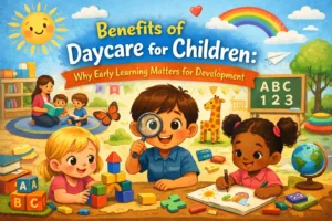 An illustrative, vibrant featured image for an article titled "Benefits of Daycare for Children: Why Early Learning Matters for Development." The scene depicts a diverse group of happy children engaged in various educational activities in a bright, sunlit classroom. In the foreground, a boy explores with a magnifying glass, a girl builds with colourful blocks, and another girl draws in a notebook. In the background, a teacher reads to a small group on a rug near a chalkboard displaying "ABC 123." The image is filled with playful elements like a rainbow, a butterfly, and a toy giraffe, perfectly capturing the multifaceted benefits of daycare for children in a nurturing and stimulating environment.