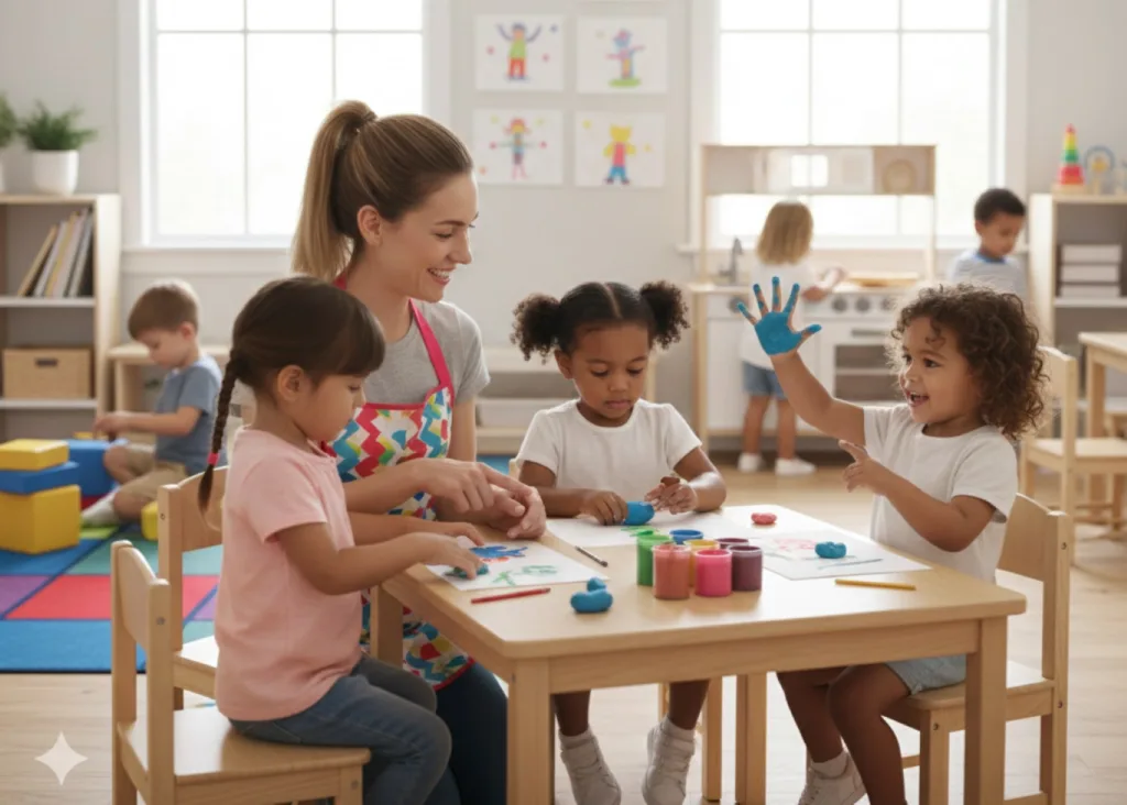 Educator guiding young children during a creative painting activity at early learning centres in Langley, supporting imagination, social skills, and early childhood development in a bright classroom setting.