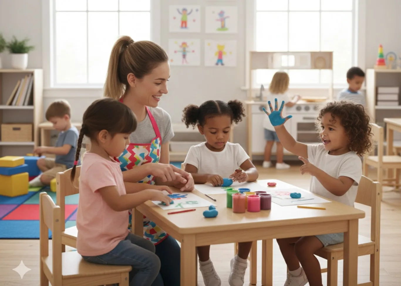 Educator guiding young children during a creative painting activity at early learning centres in Langley, supporting imagination, social skills, and early childhood development in a bright classroom setting.