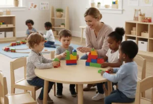 Educator guiding young children as they build with colourful blocks at a licensed childcare in Langley, supporting early learning, teamwork, and social development in a safe classroom environment.