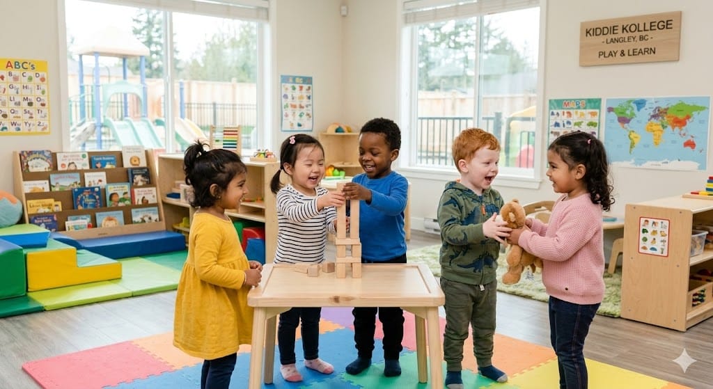 Toddlers playing together and building blocks in a bright daycare classroom, illustrating the benefits of socialization for toddlers through group play and interaction.