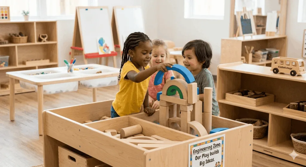 A bright, naturally lit Langley early education classroom where diverse children are engaging with a high-quality learn and play preschool curriculum, cooperatively sorting natural elements and building geometric structures on a low wooden table under the guidance of a professional educator.