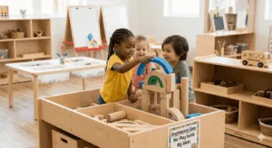 A bright, naturally lit Langley early education classroom where diverse children are engaging with a high-quality learn and play preschool curriculum, cooperatively sorting natural elements and building geometric structures on a low wooden table under the guidance of a professional educator.