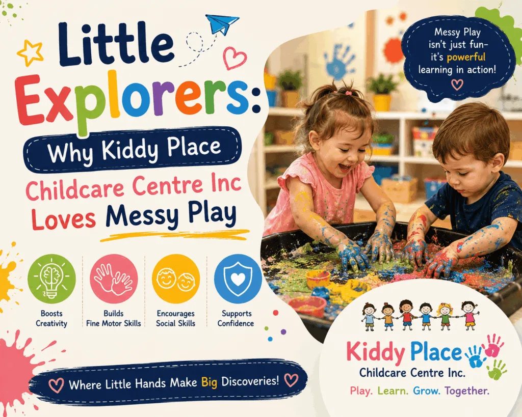 Toddlers happily exploring sensory bins filled with colorful water beads and finger paint during a guided messy play session inside kiddy place childcare centre inc.