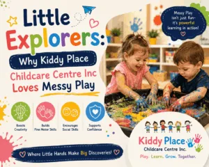 Toddlers happily exploring sensory bins filled with colorful water beads and finger paint during a guided messy play session inside kiddy place childcare centre inc.