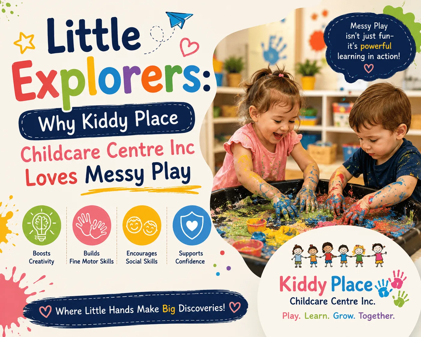 Toddlers happily exploring sensory bins filled with colorful water beads and finger paint during a guided messy play session inside kiddy place childcare centre inc.