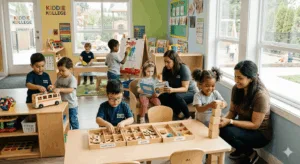 A bright, warm, and licensed Langley classroom where a professional educator is providing nurturing childcare by guiding diverse, smiling toddlers through cooperative counting games and block building, highlighting early childhood development milestones.
