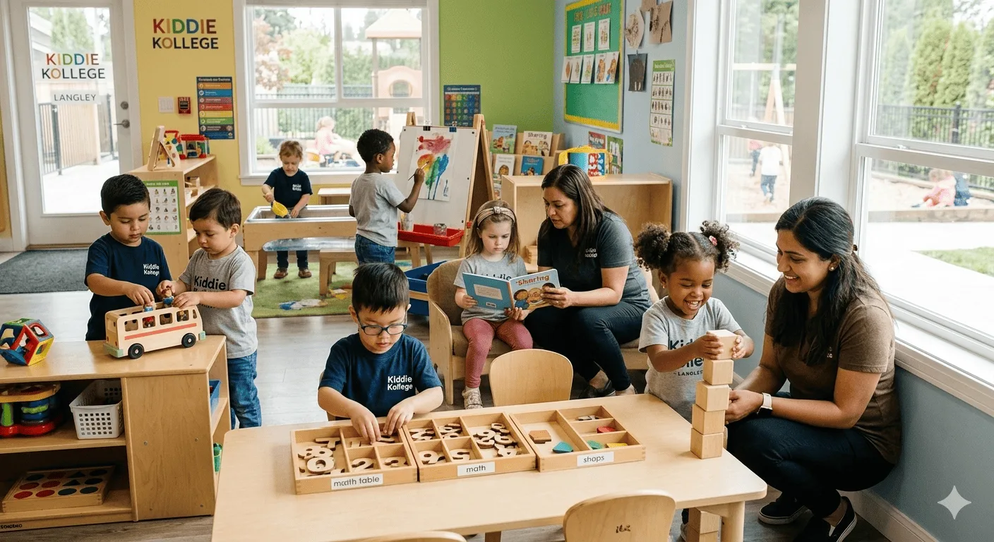 A bright, warm, and licensed Langley classroom where a professional educator is providing nurturing childcare by guiding diverse, smiling toddlers through cooperative counting games and block building, highlighting early childhood development milestones.