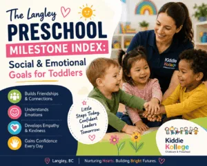 A vibrant group of toddlers participating in a social-emotional learning circle inside a beautifully arranged langley preschool classroom, learning about cooperation and emotional milestones.