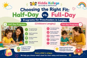 A colourful featured image comparing half-day and full-day preschool programs, showing teachers and young children engaged in fun learning activities at a childcare Langley centre, helping parents choose the right early learning option for their child.