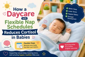 A peaceful, dimly lit infant sleep room designed for a premium daycare with flexible nap schedules, showing custom wood cribs where babies sleep according to their individual natural biological rhythms.