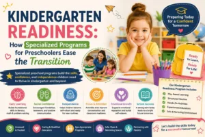 A bright, interactive early learning classroom featuring young children engaged in play-based group learning activities within structured programs for preschoolers