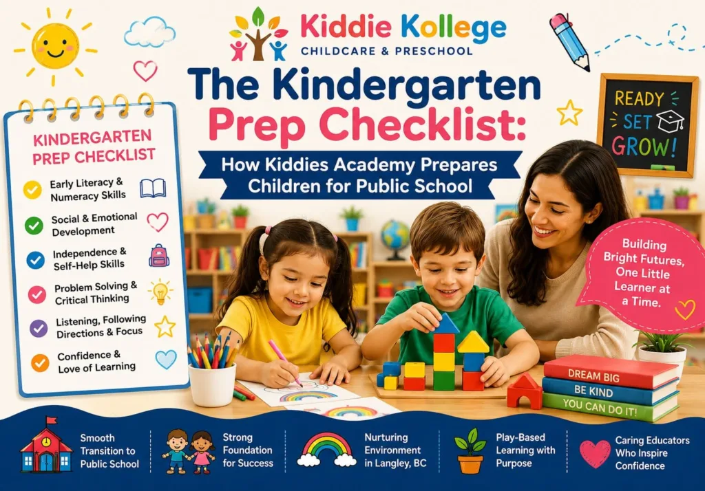 A group of engaged children working on fine motor skill puzzles at a spacious learning table inside the early childhood prep program at kiddies academy.