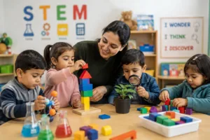 Early childhood educator guiding young children through hands-on building and science discovery during stem activities for preschoolers in an early learning classroom.