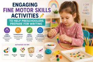 A young child practicing fine motor skills activities by threading colorful beads onto a string in a bright early learning classroom.