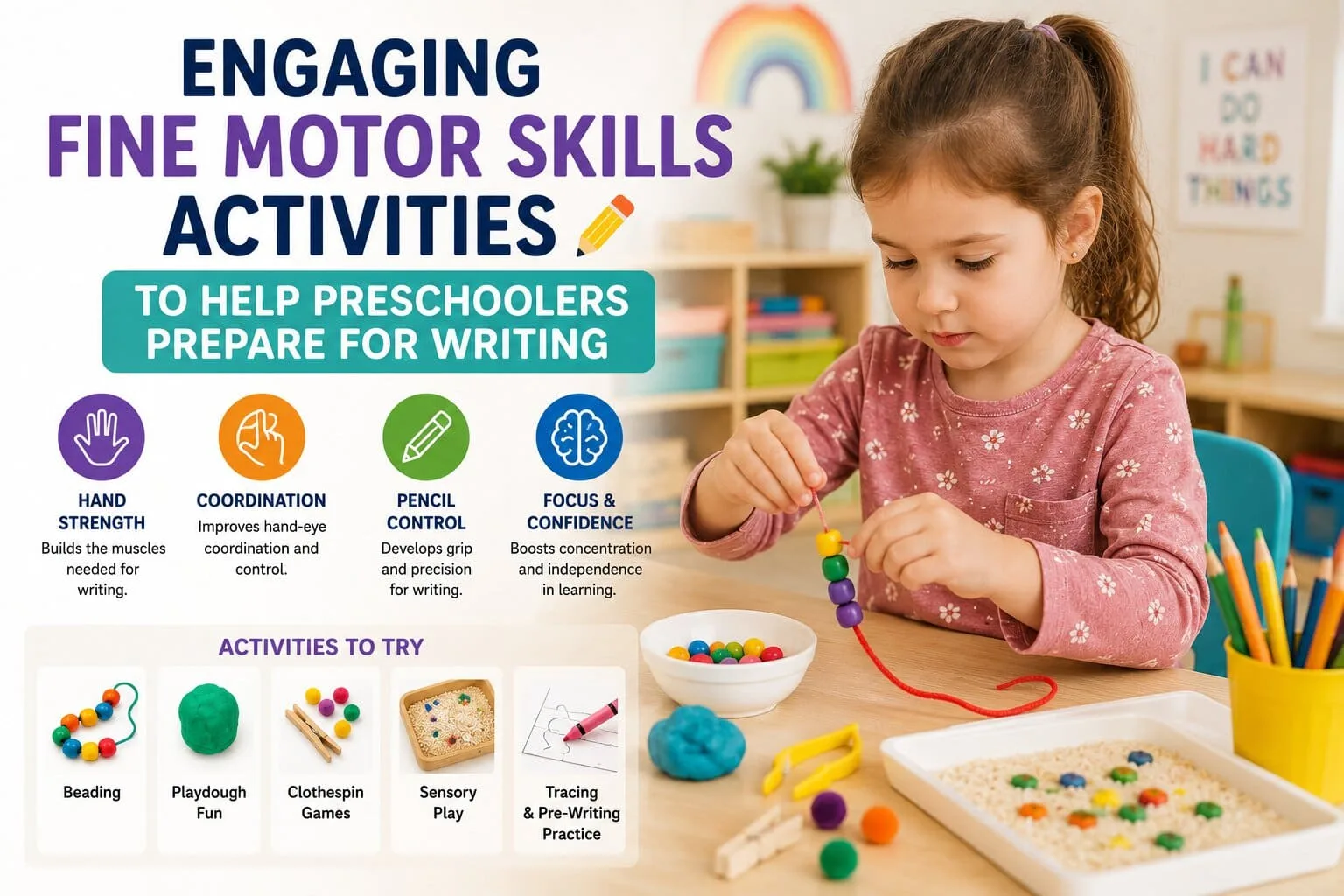 A young child practicing fine motor skills activities by threading colorful beads onto a string in a bright early learning classroom.
