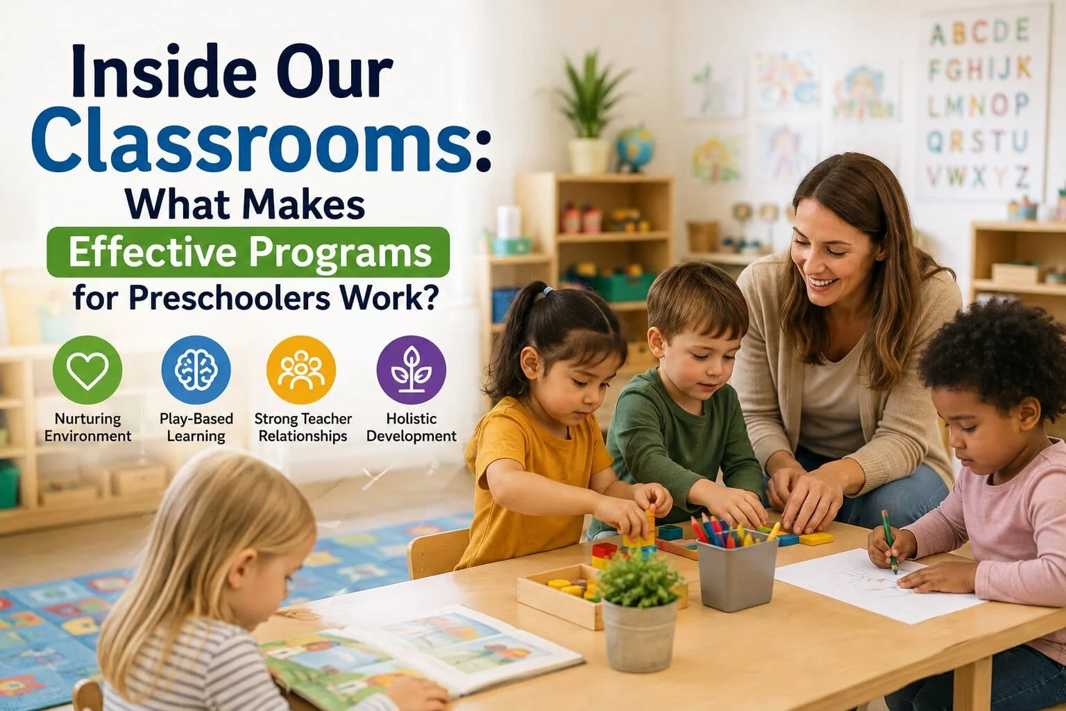 An early childhood educator engaging young children in structured learning activities inside bright classrooms designed for programs for preschoolers.