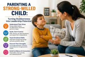A supportive parent sitting down to communicate patiently with a toddler, demonstrating effective strategies for parenting strong willed child behaviors.