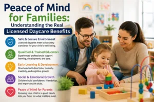 A happy toddler engaging in structured indoor play in a bright, clean classroom showcasing licensed daycare benefits.