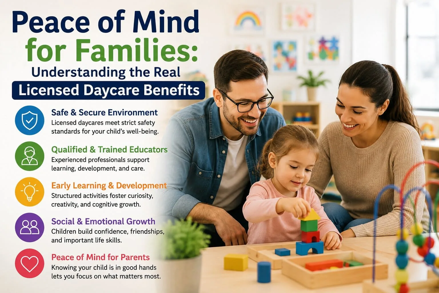 A happy toddler engaging in structured indoor play in a bright, clean classroom showcasing licensed daycare benefits.