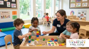 Happy young children collaborating with wooden building blocks during indoor playtime at a licensed day care centre.