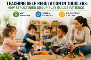 Early childhood educator guiding a group of children through play activities focused on teaching self regulation in toddlers in a classroom setting.