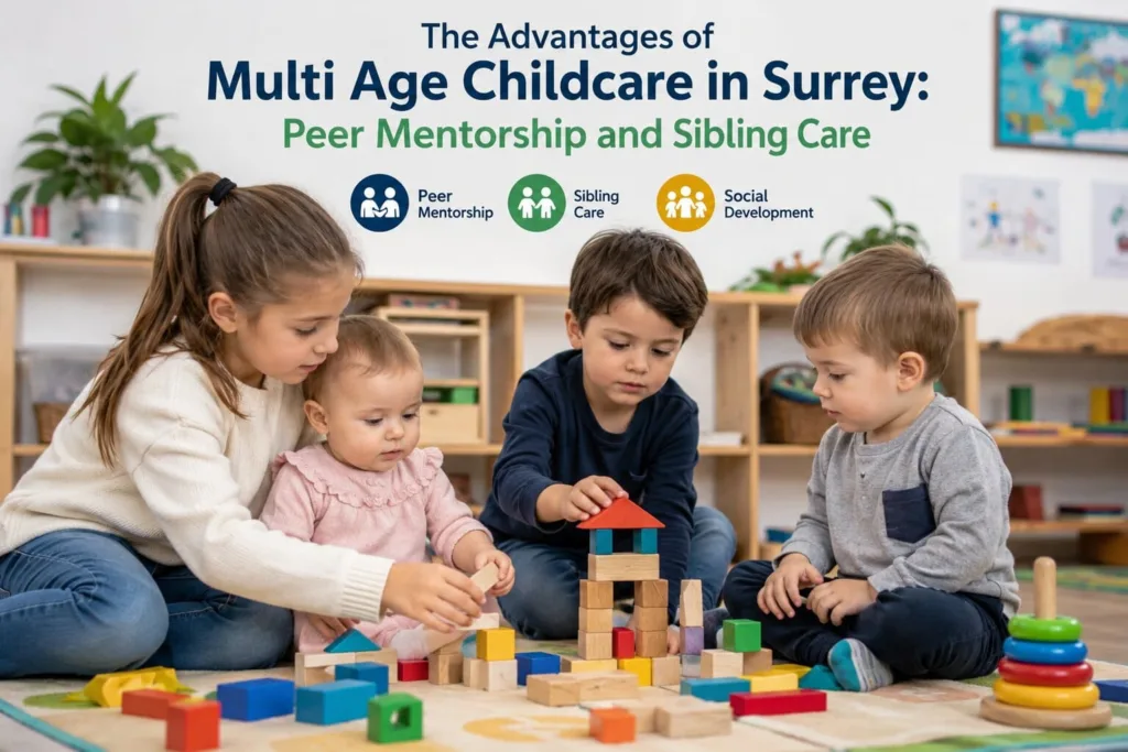 Early childhood educator guiding a mixed group of older and younger children during collaborative play in multi age childcare langley.