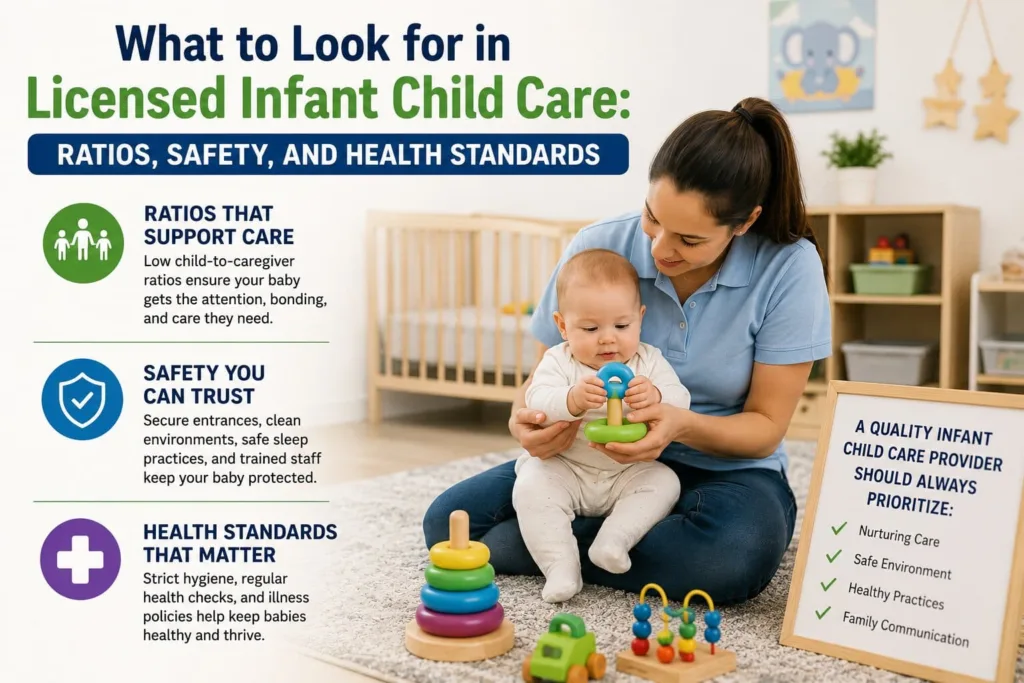 Certified early childhood educator holding a baby while ensuring safety standards in a licensed infant child care classroom.
