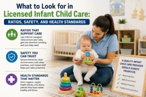 Certified early childhood educator holding a baby while ensuring safety standards in a licensed infant child care classroom.
