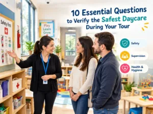 Attentive early childhood educator guiding toddlers through structured indoor activities at the safest daycare facility in British Columbia.
