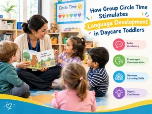 Dedicated early learning educator reading an expressive picture book to support language development in daycare toddlers during morning carpet time.
