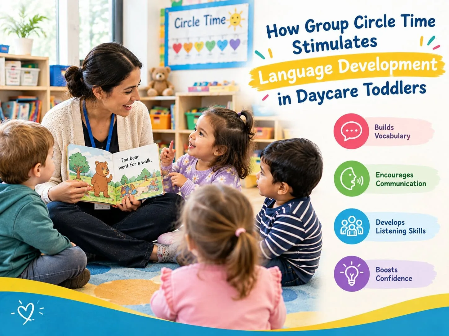 Dedicated early learning educator reading an expressive picture book to support language development in daycare toddlers during morning carpet time.