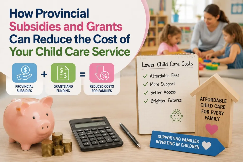 Infographic displaying British Columbia provincial subsidies, grants, and fee reduction calculations that lower household expenses for a professional child care service.