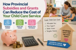 Infographic displaying British Columbia provincial subsidies, grants, and fee reduction calculations that lower household expenses for a professional child care service.