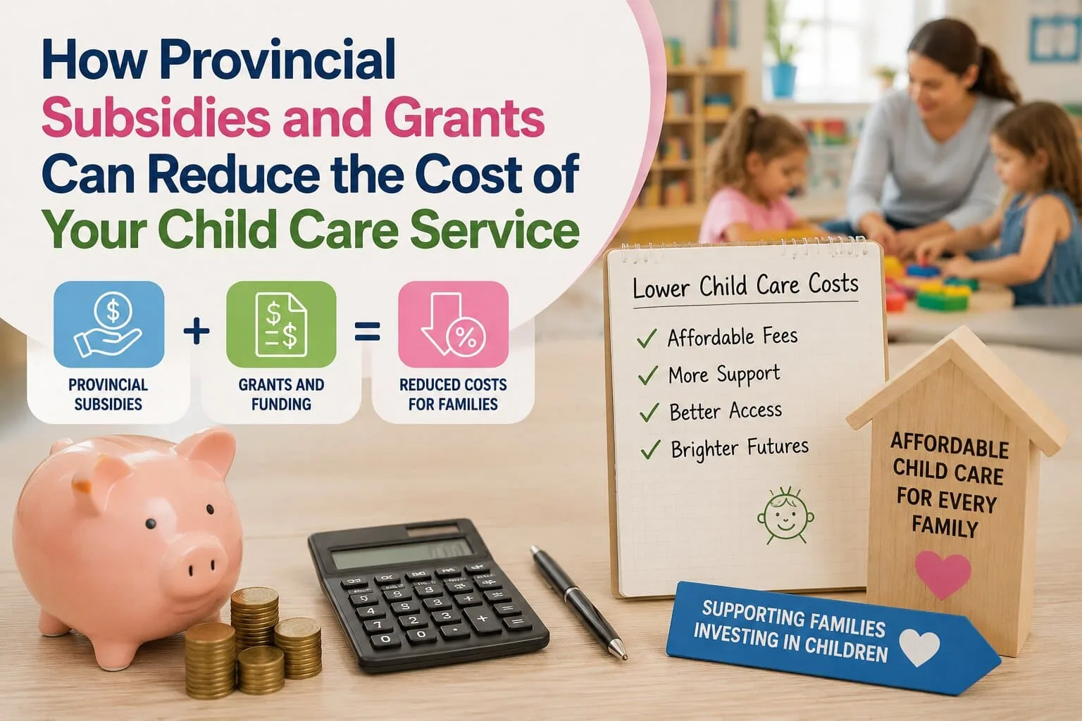 Infographic displaying British Columbia provincial subsidies, grants, and fee reduction calculations that lower household expenses for a professional child care service.