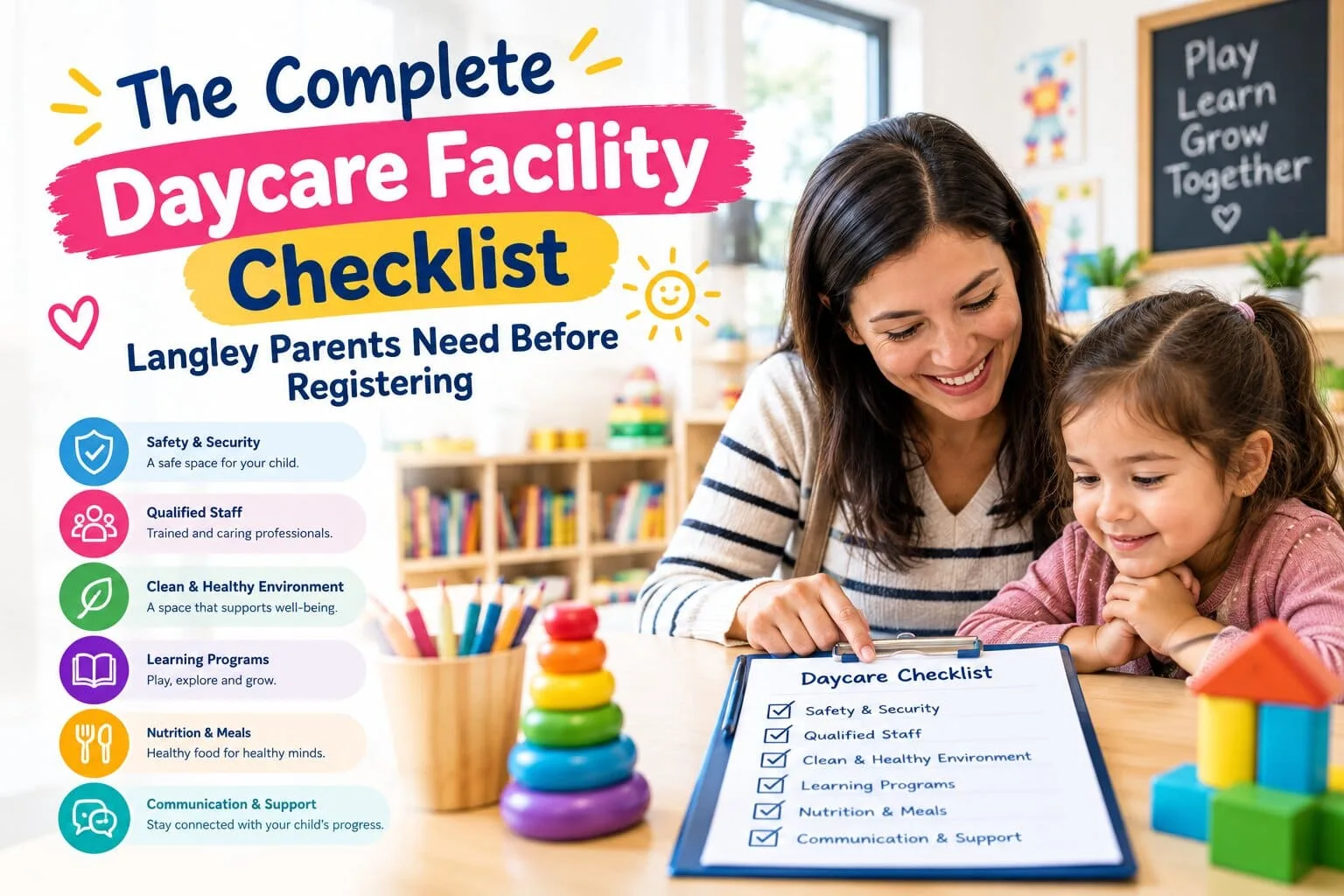 Parents exploring an organized, sunlit classroom layout while touring a licensed daycare facility in Langley.