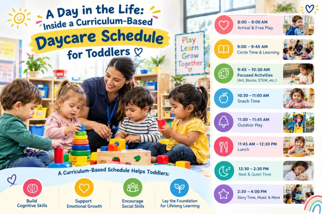 Toddlers and early childhood educators engaging in circle time learning guided by a structured curriculum-based daycare schedule.