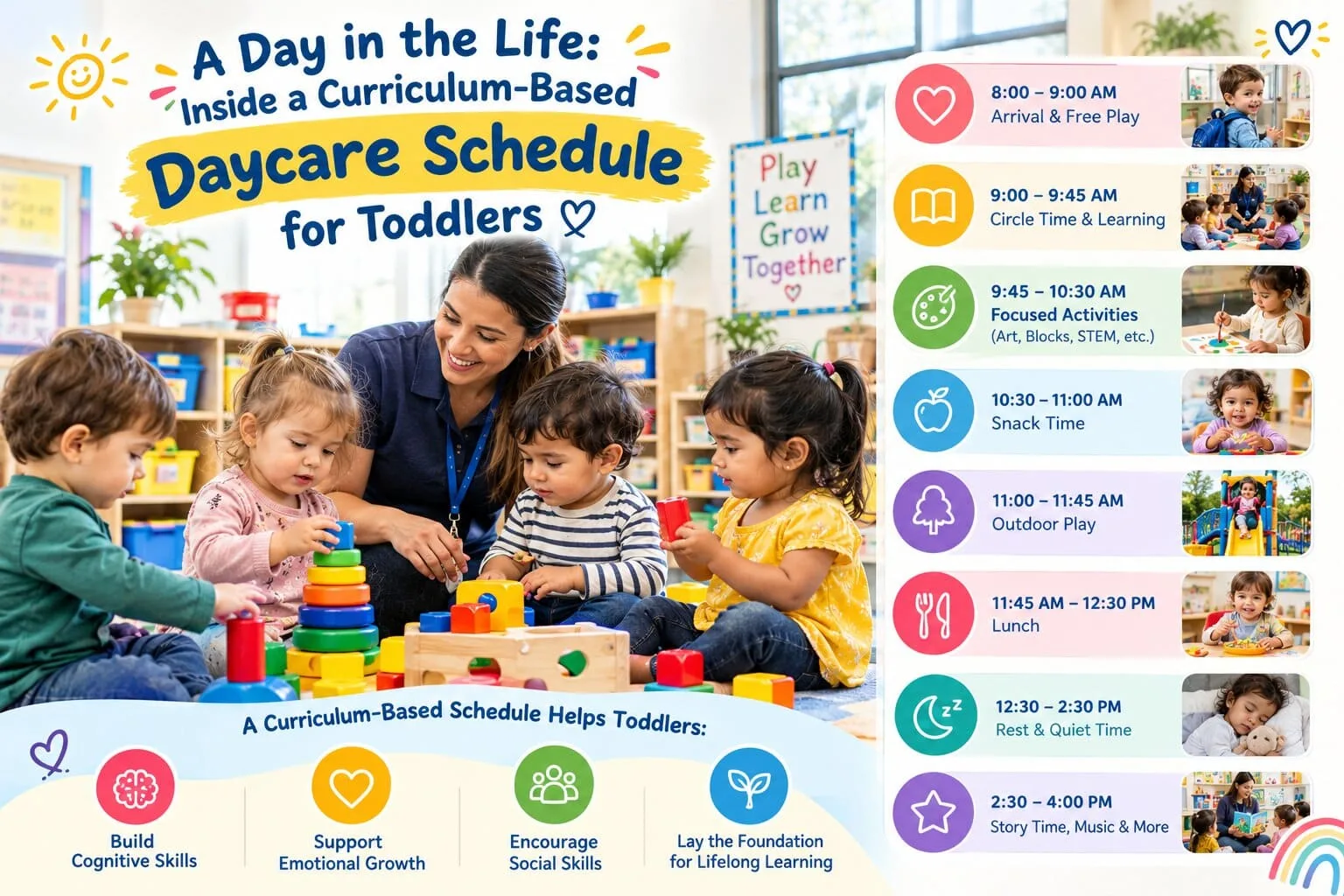 Toddlers and early childhood educators engaging in circle time learning guided by a structured curriculum-based daycare schedule.