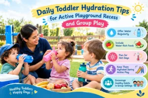 A group of young children pausing their outdoor playground recess to drink fresh water from colorful cups while educators practice daily toddler hydration tips