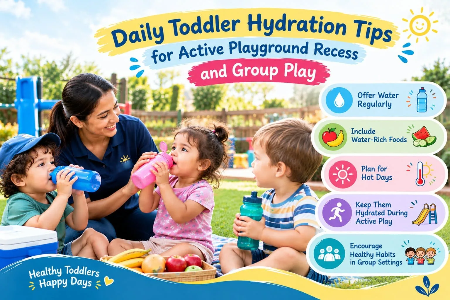 A group of young children pausing their outdoor playground recess to drink fresh water from colorful cups while educators practice daily toddler hydration tips