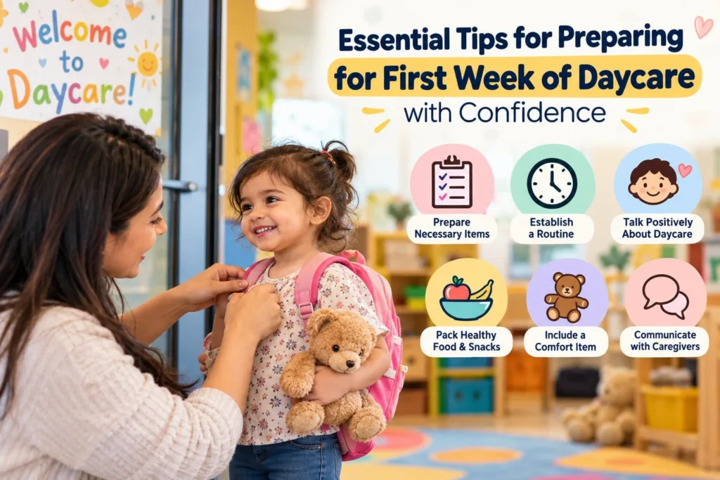 A mother gently reassuring her smiling young child by the classroom cubbies while preparing for first week of daycare with calm confidence.