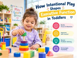 Dedicated early learning educator guiding a toddler through an engaging block-building activity that supports executive function in toddlers.
