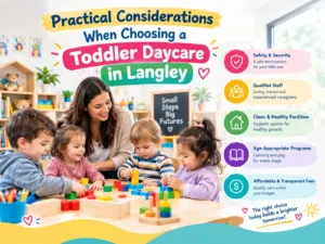 A mother and educator chatting comfortably in a vibrant classroom while reviewing options for choosing a toddler daycare in Langley.