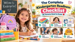 A young child happily practicing zipper skills and classroom routines outlined in the kindergarten readiness checklist BC during group playtime.