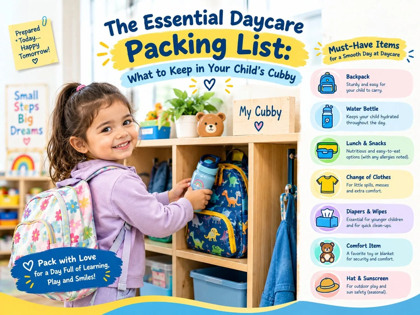A colourful toddler cubby filled with spare clothes, outdoor gear, and labeled daily essentials following an organized daycare packing list.
