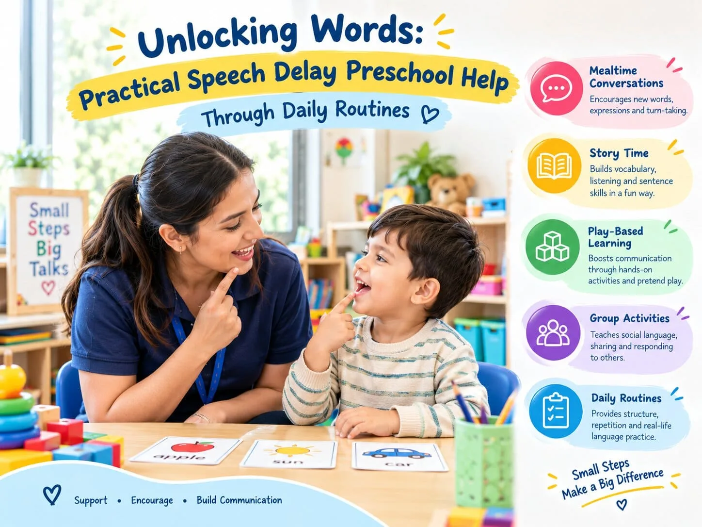 An early childhood educator supporting a young toddler during language exercises offering practical speech delay preschool help in a nurturing classroom setting.